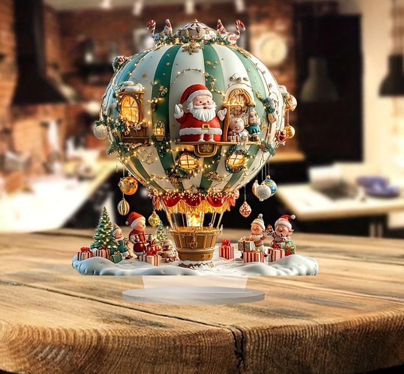 Panneau décoratif en acrylique de style boho représentant le Père Noël et des lutins dans un ballon de Noël