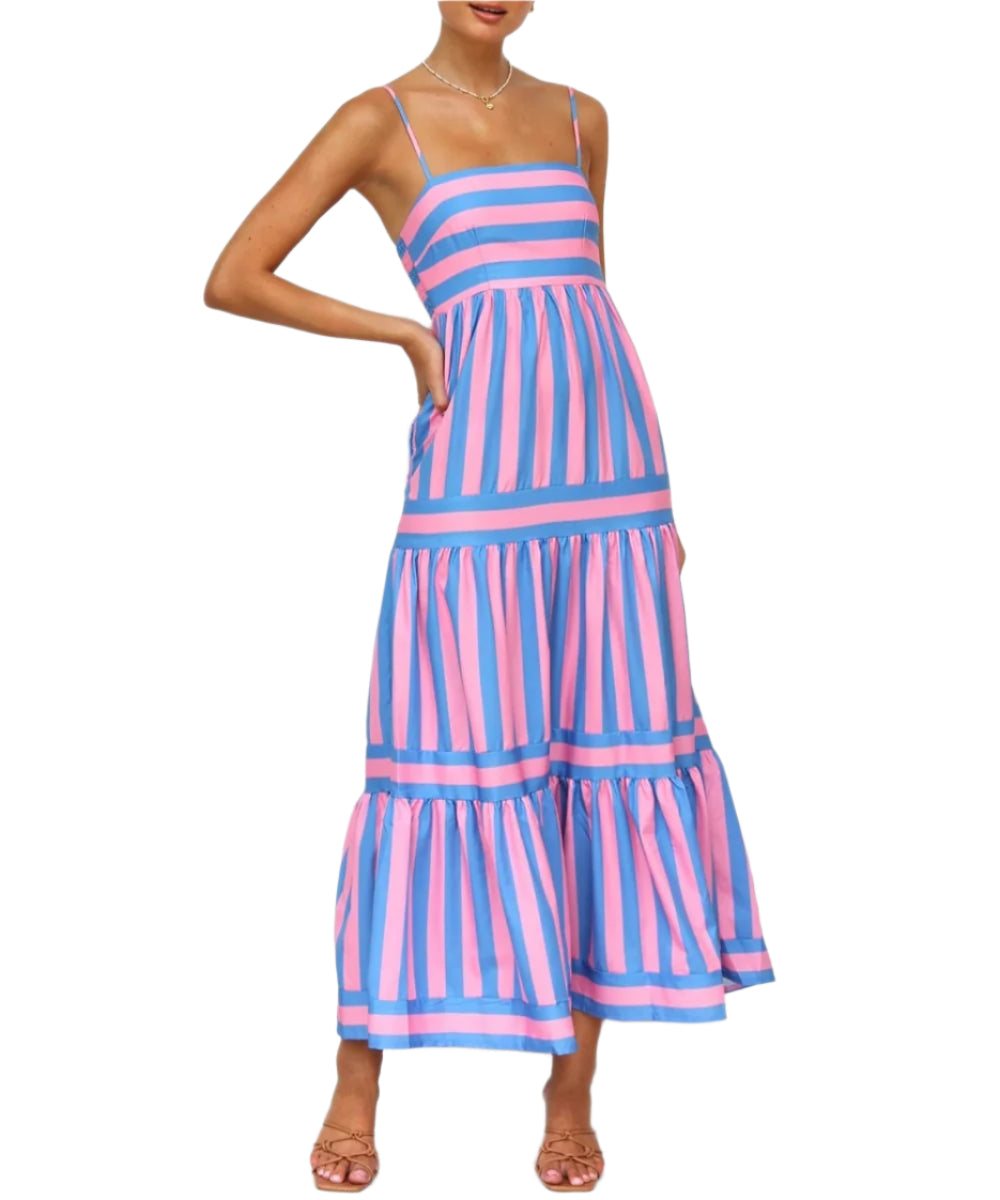 Solene - Robe maxi à volants rayée avec un haut ajusté et des fines bretelles