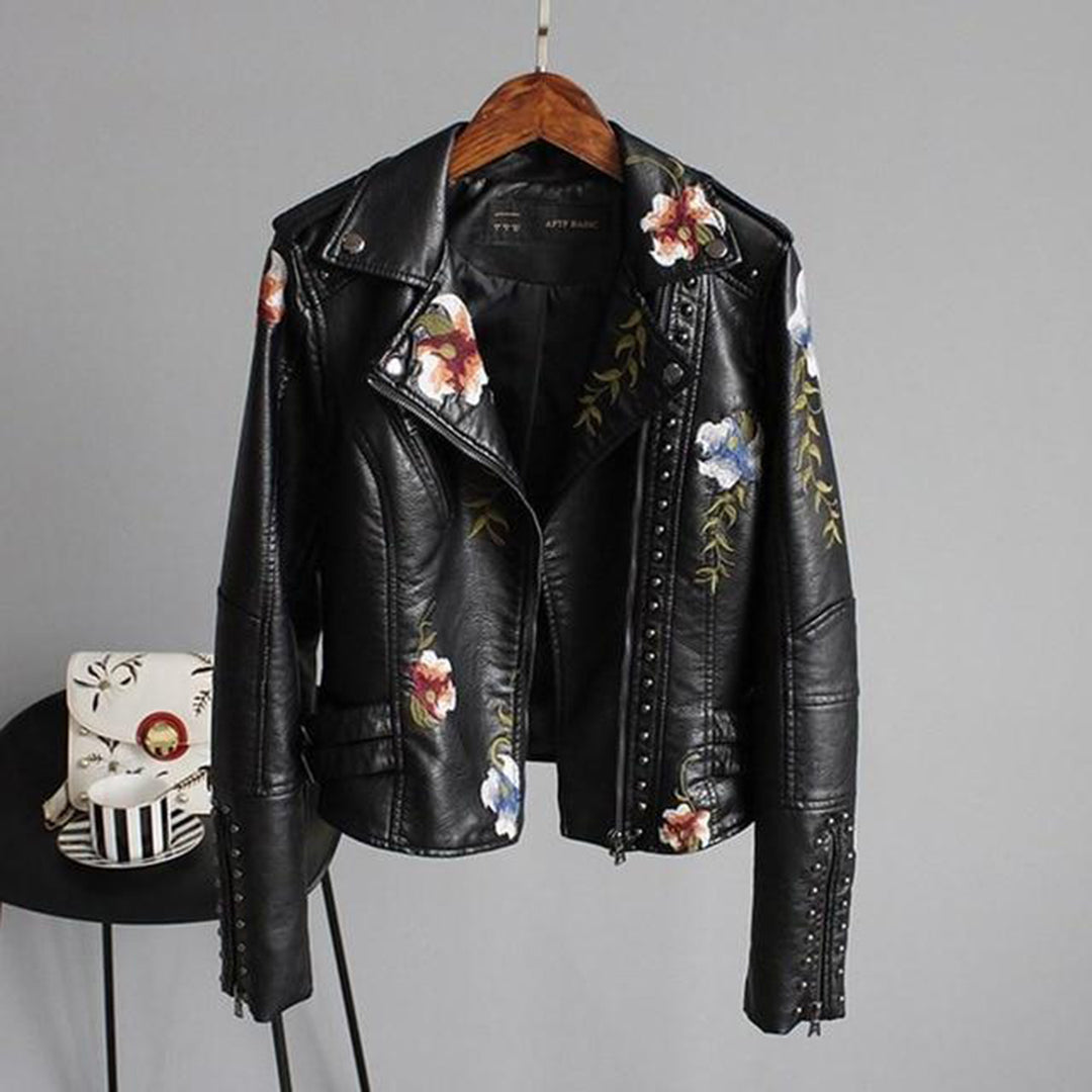 Josephine - Veste moto femme brodée de fleurs et clous