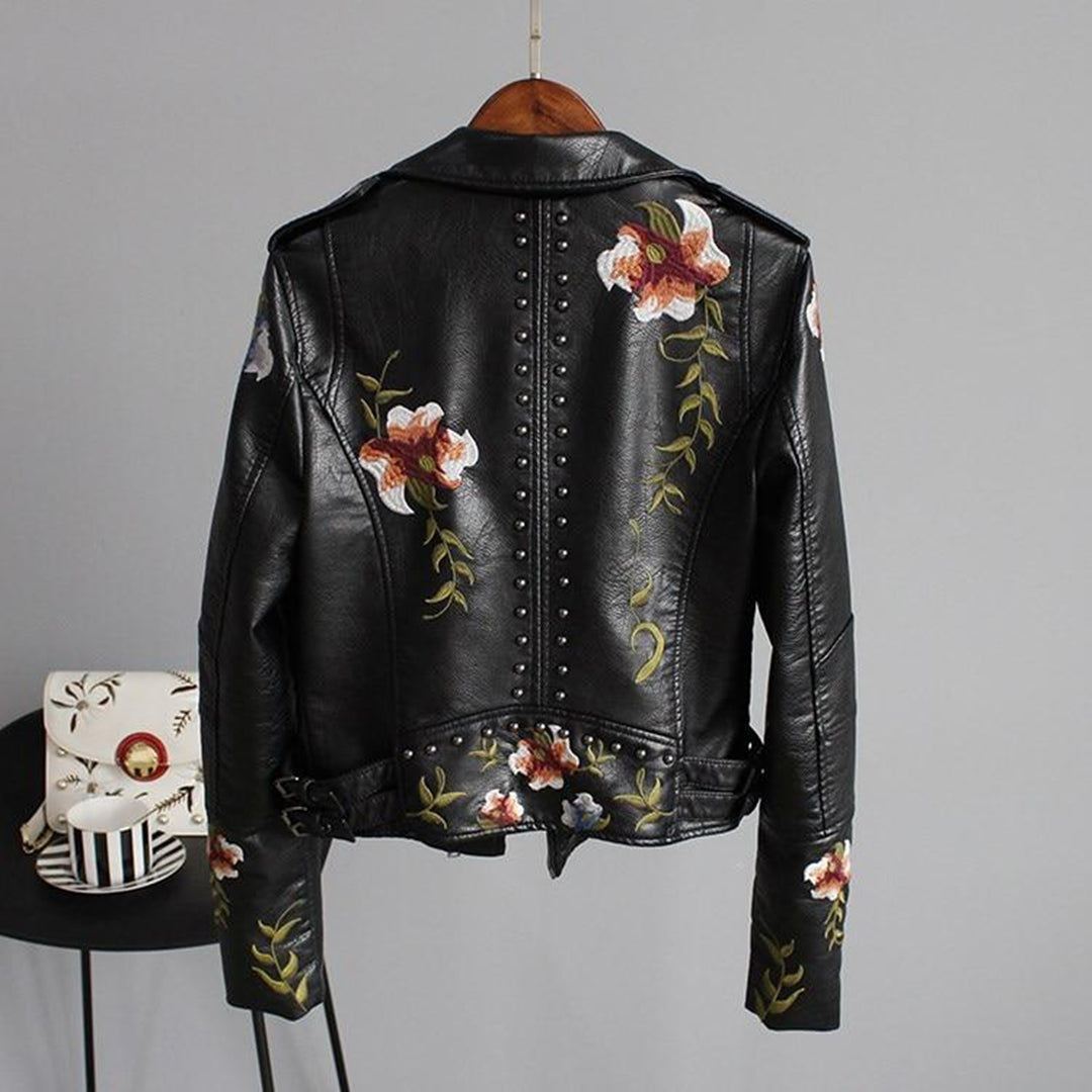Josephine - Veste moto femme brodée de fleurs et clous