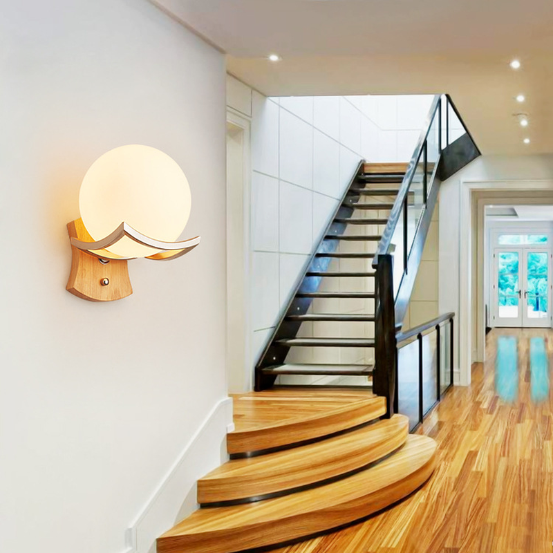 Lunawood - Applique ronde en verre opale avec cadre en bois minimaliste