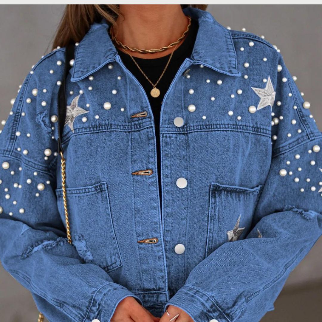 Editha - Veste en denim à perles en forme de bouton