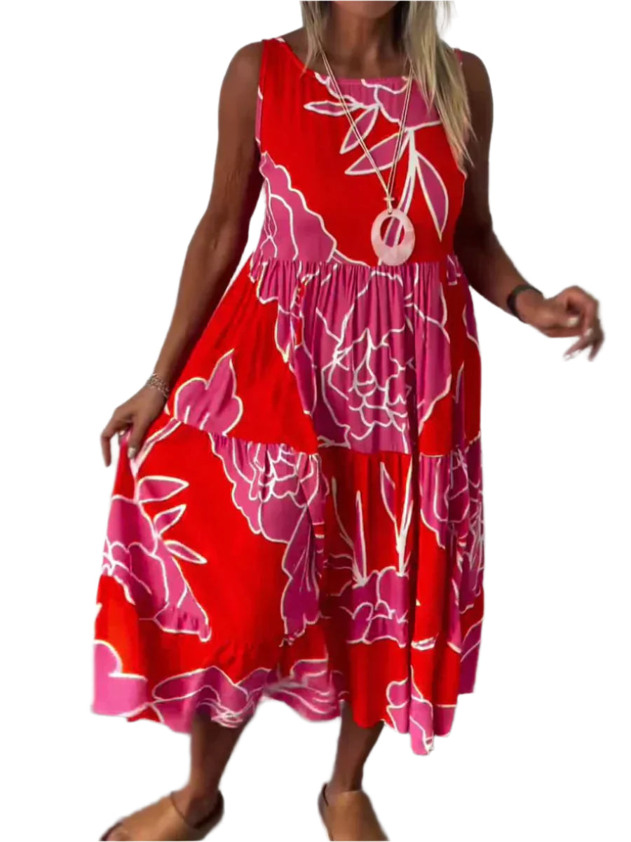 Jasmine - Robe mi-longue fleurie sans manches à volants pour un chic estival sans effort