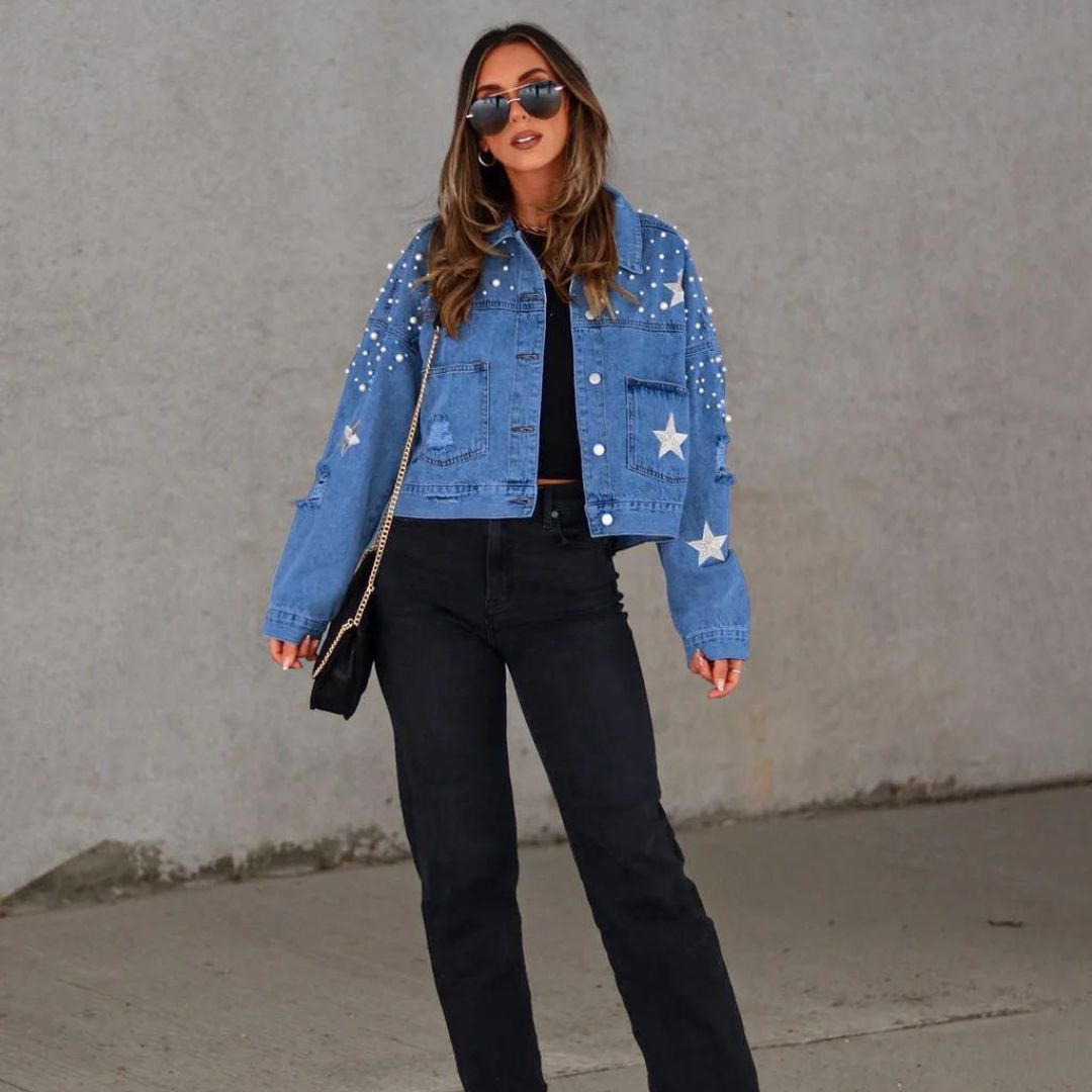 Editha - Veste en denim à perles en forme de bouton