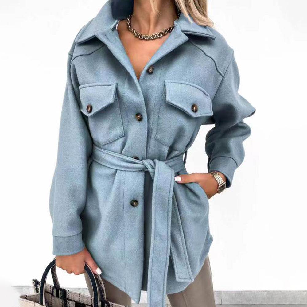 Belle veste casual mi-longue avec ceinture à bouton