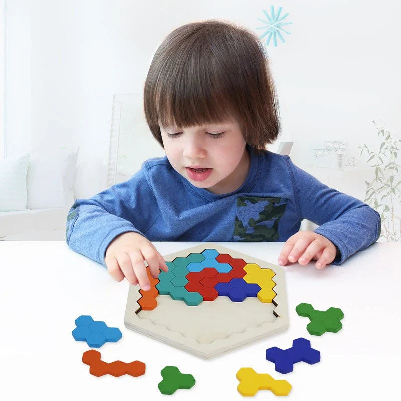 HexaFun 3D puzzle en bois hexagonal – Jouet éducatif STEM pour enfants