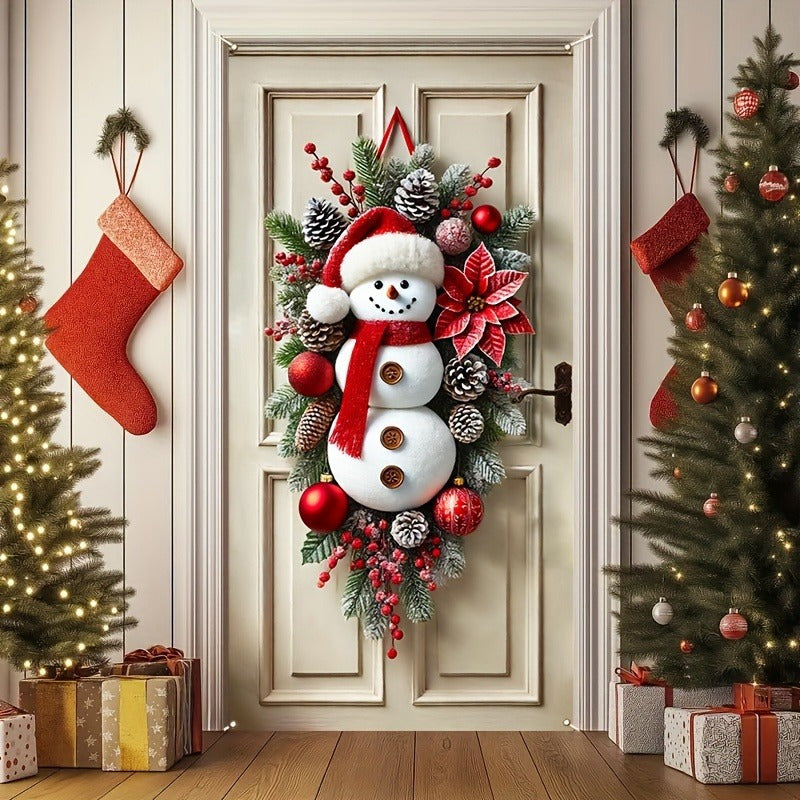 Couronne de Bonhomme de Neige en Polyester Festif – Décor de Porte de Fête Fantaisiste