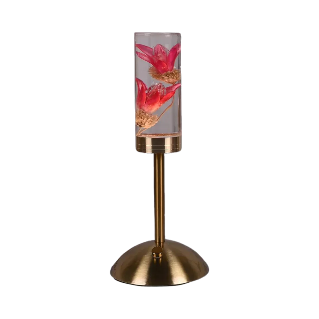 FloraGlow - Lampe de bureau LED avec socle cylindrique transparent rempli de fleurs