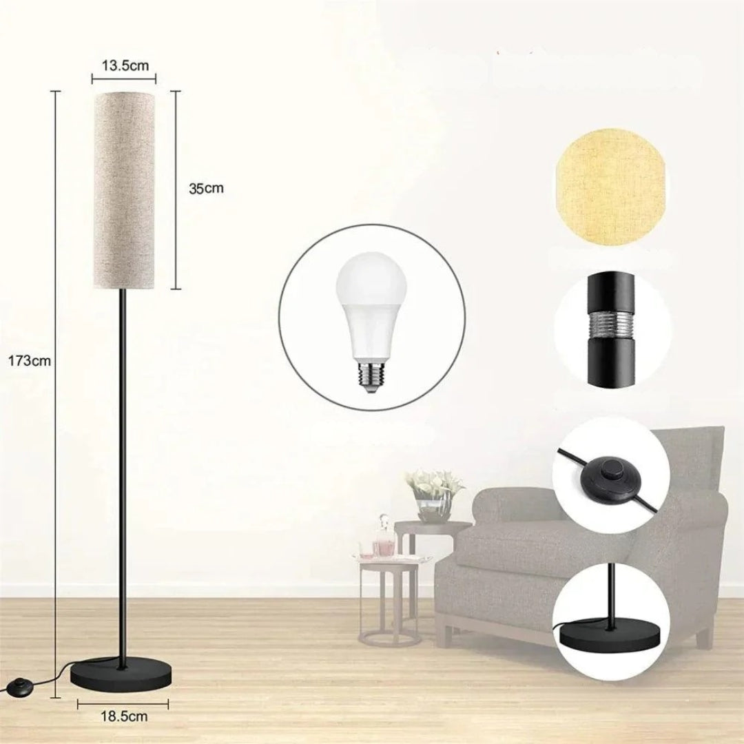 LumiCyl – Lampe de sol moderne avec abat-jour en tissu cylindrique