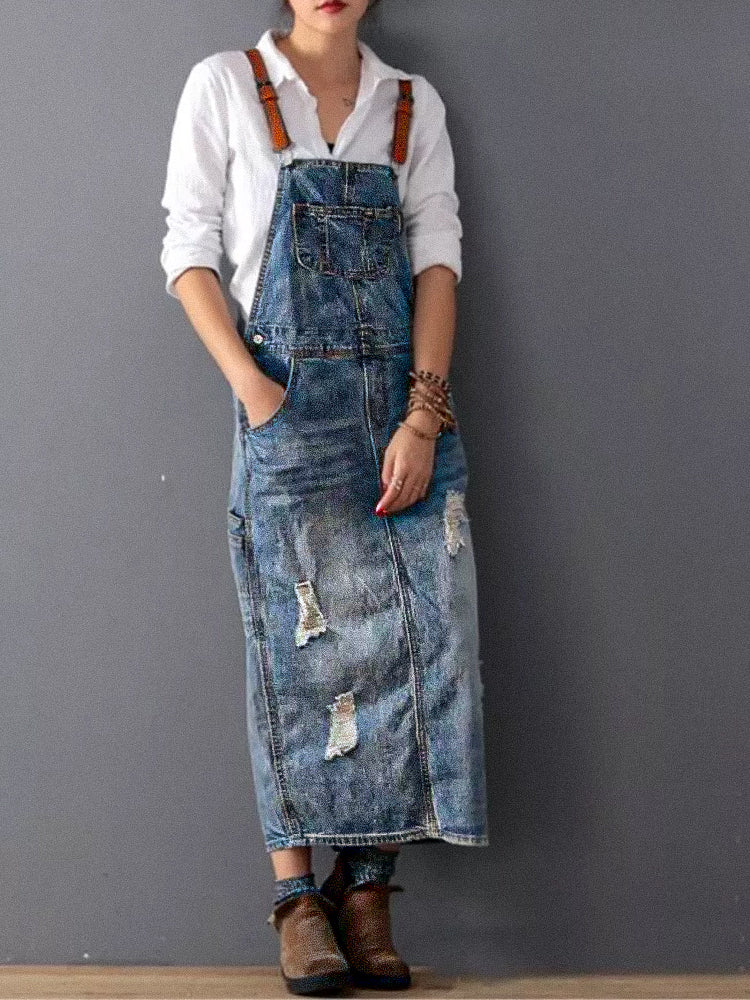 Sofia Denim | Robe salopette avec fente dans le dos et aspect denim usé