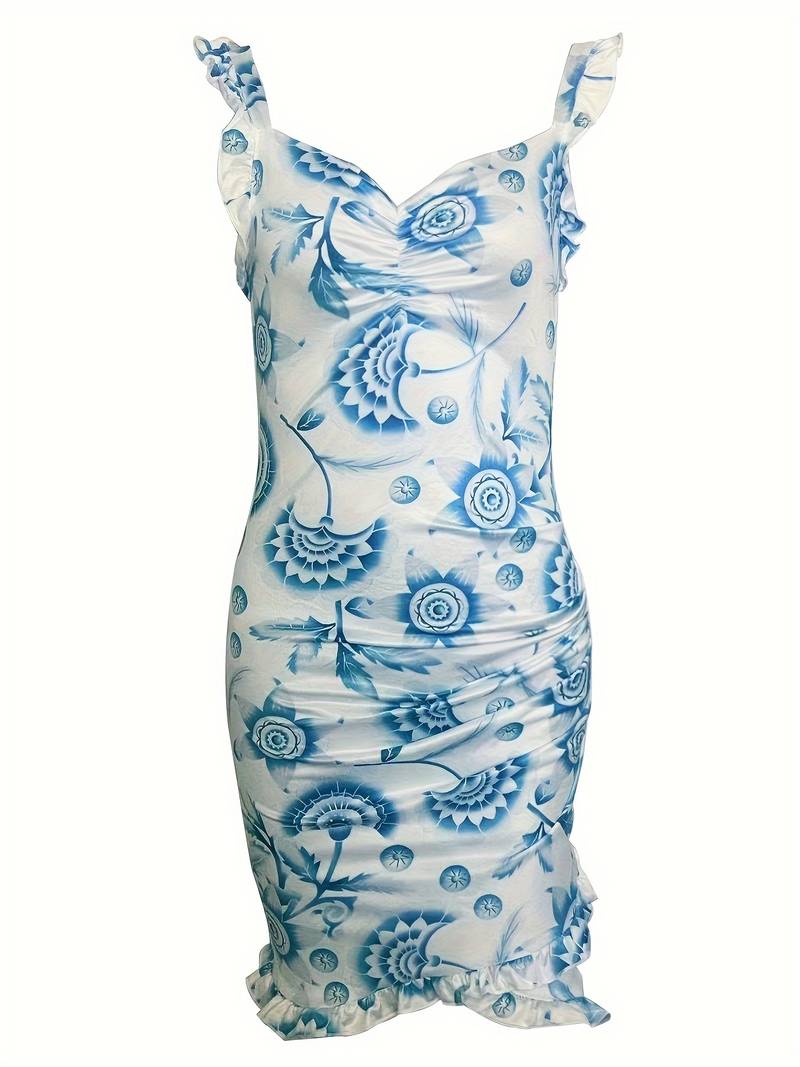 Rêve Floral – Robe Minuit Élégante avec Bord Ridé et Imprimé Floral