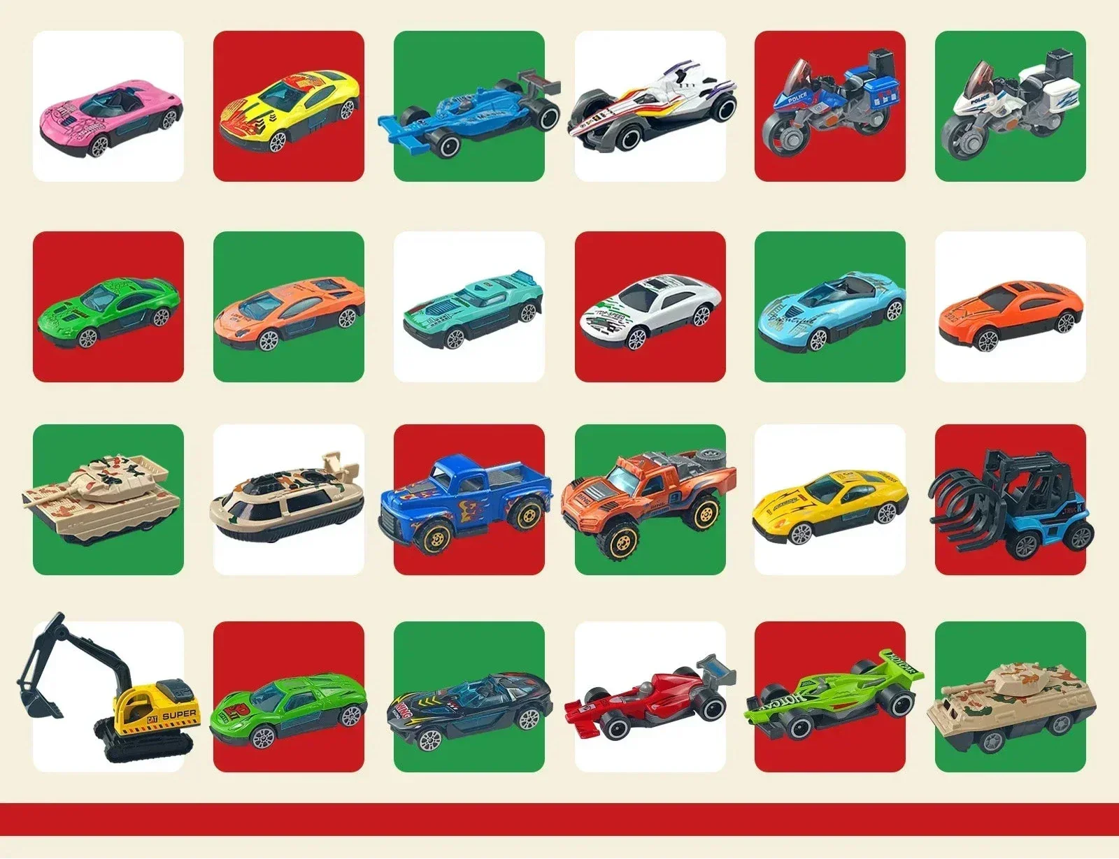 Ensemble de 24 pièces de calendrier de l'Avent pour cadeaux de Noël, modèle en alliage, voiture diecast