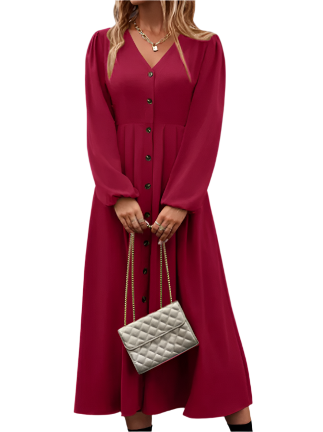 Robe Midi Élégante Amalie avec Manches Bouffantes et Boutons