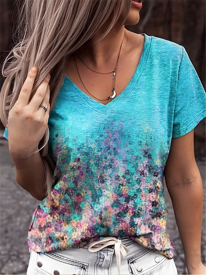 T-shirt à col en V à imprimé floral unique