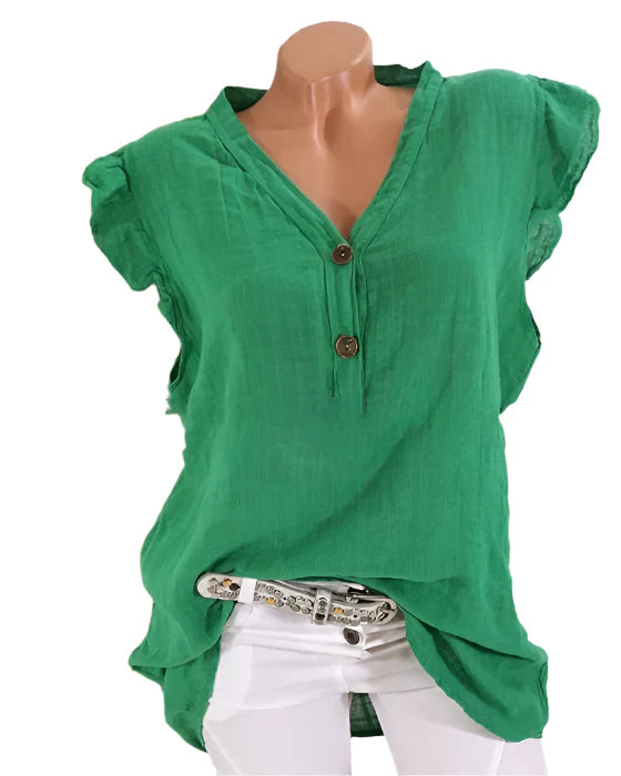 Connie - Blouse féminine avec décolleté en V et bord froncé