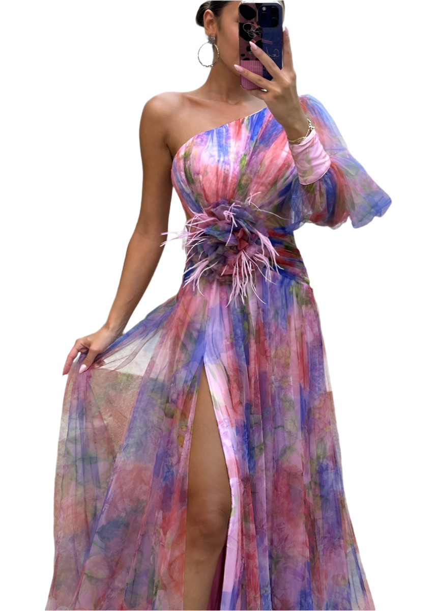 Zody - Robe maxi à fleurs une épaule avec fente et taille