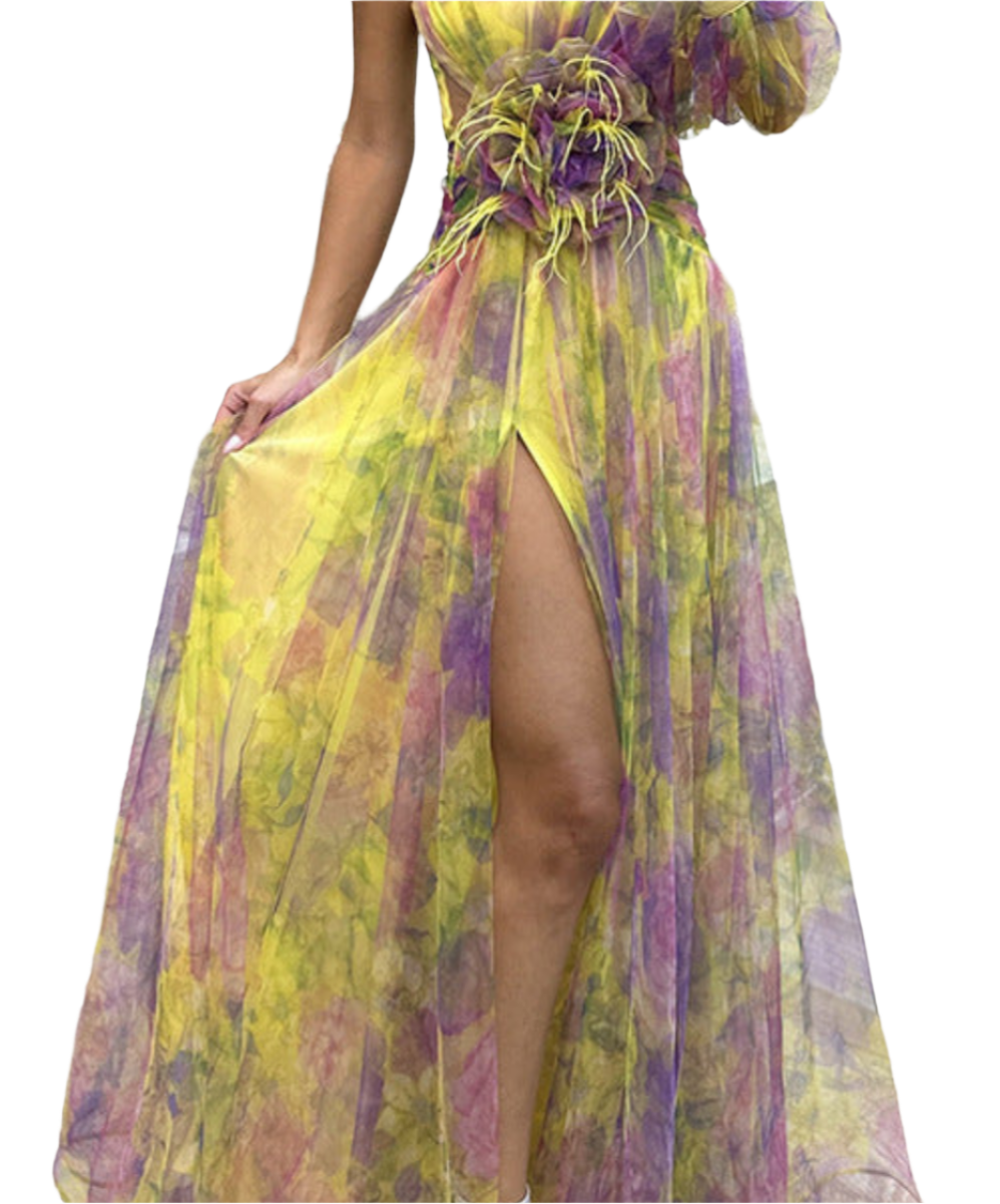 Zody - Robe maxi à fleurs une épaule avec fente et taille