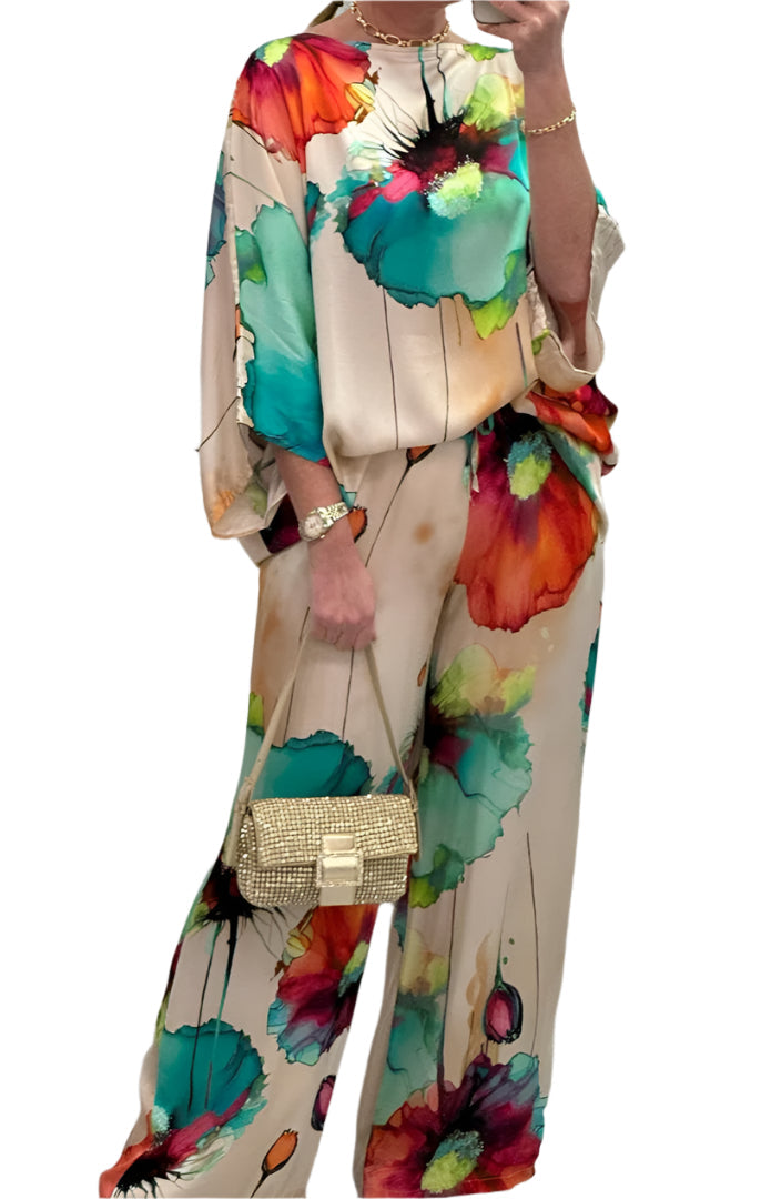 Geldy - Ensemble en fleurs avec top oversize et pantalon à jambes larges