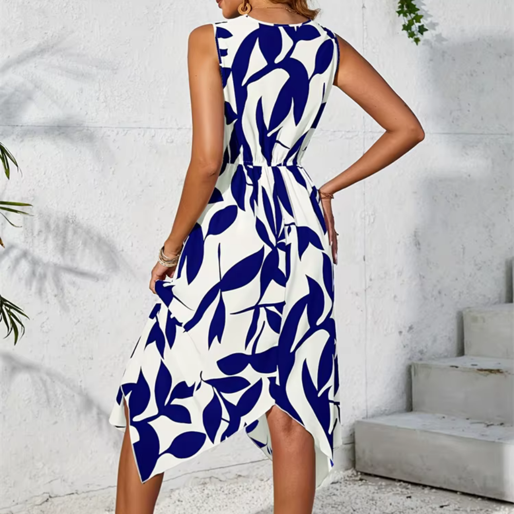 Sonia - Robe mi-longue sans manches à col en V et ourlet asymétrique