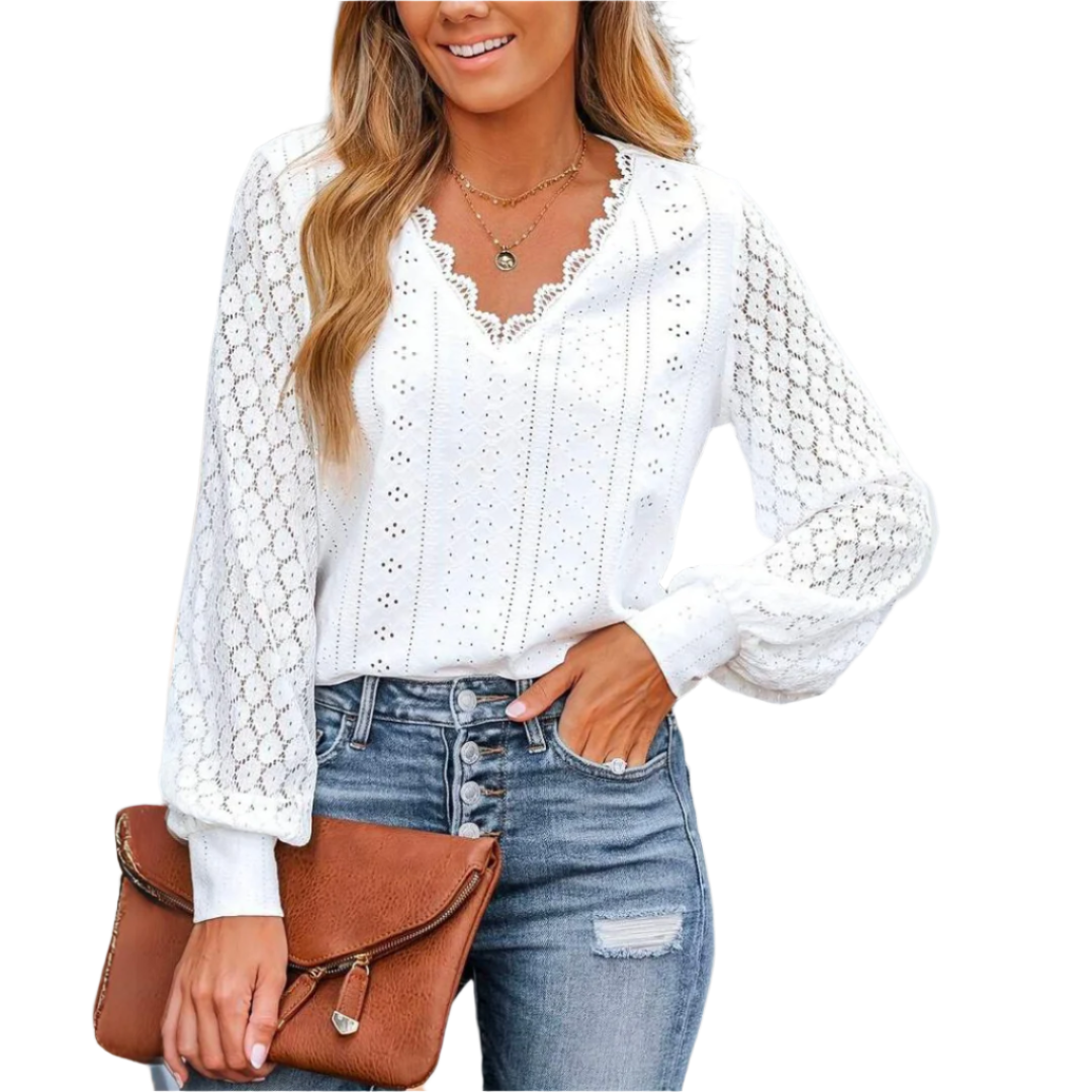 Lucie - Haut romantique à col en V avec bordure festonnée et manches ballon