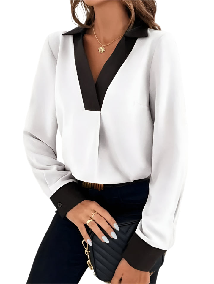 Alexandra - Blouse sophistiquée avec décolleté en V et contraste élégant