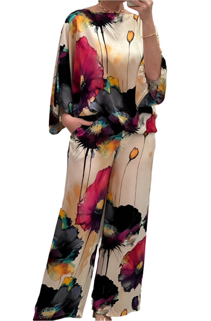 Geldy - Ensemble en fleurs avec top oversize et pantalon à jambes larges
