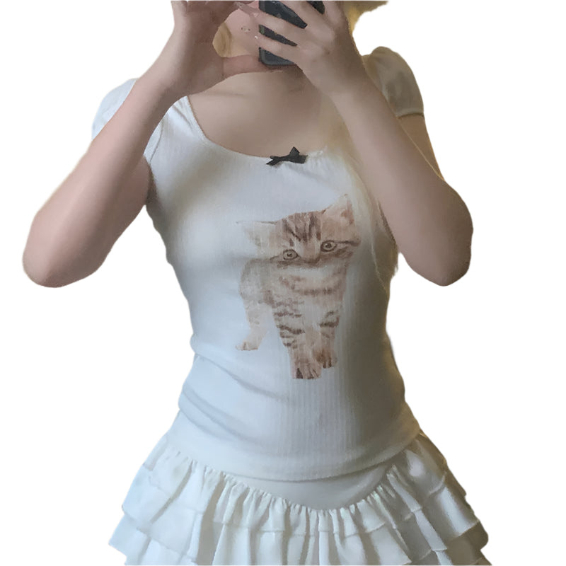 PuffMeow - Haut à manches bouffantes avec imprimé de chat et détail en nœud