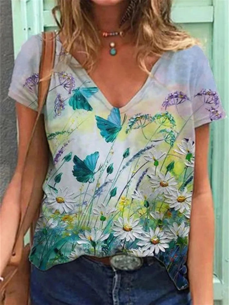 T-shirt à col en V Floral Elegance – Adoptez l'art de la nature