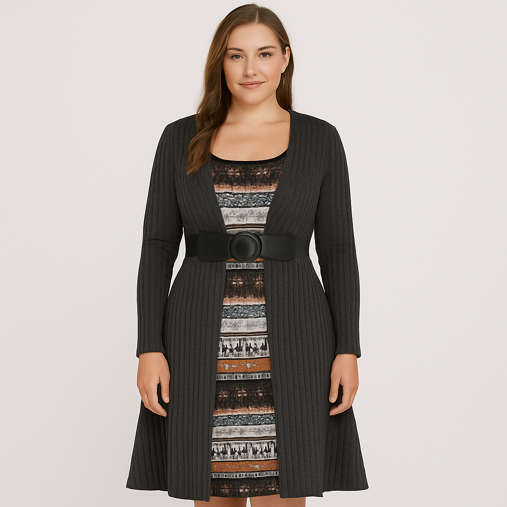 Calista | Robe en tricot élégante de style A-line en colorblock avec encolure carrée