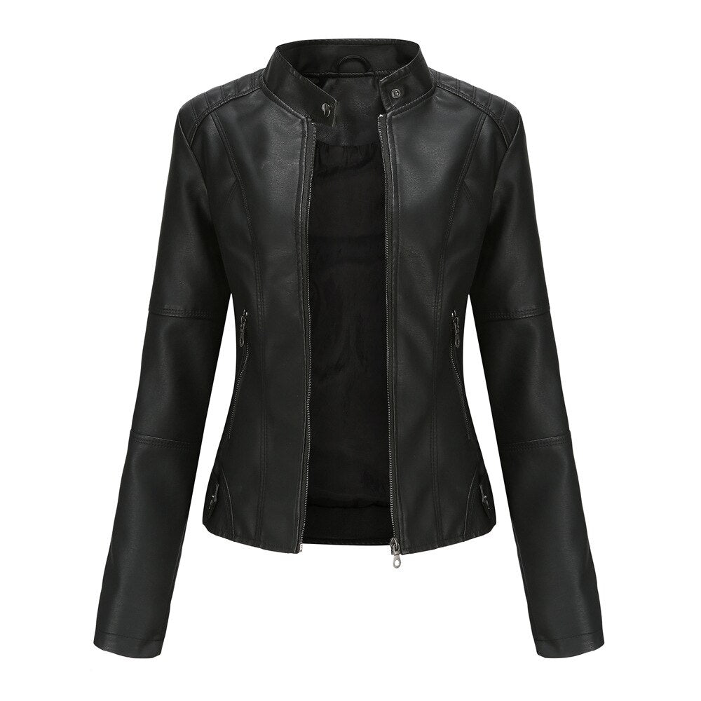 Veste en cuir tendance pour femmes avec col Mao – style classique