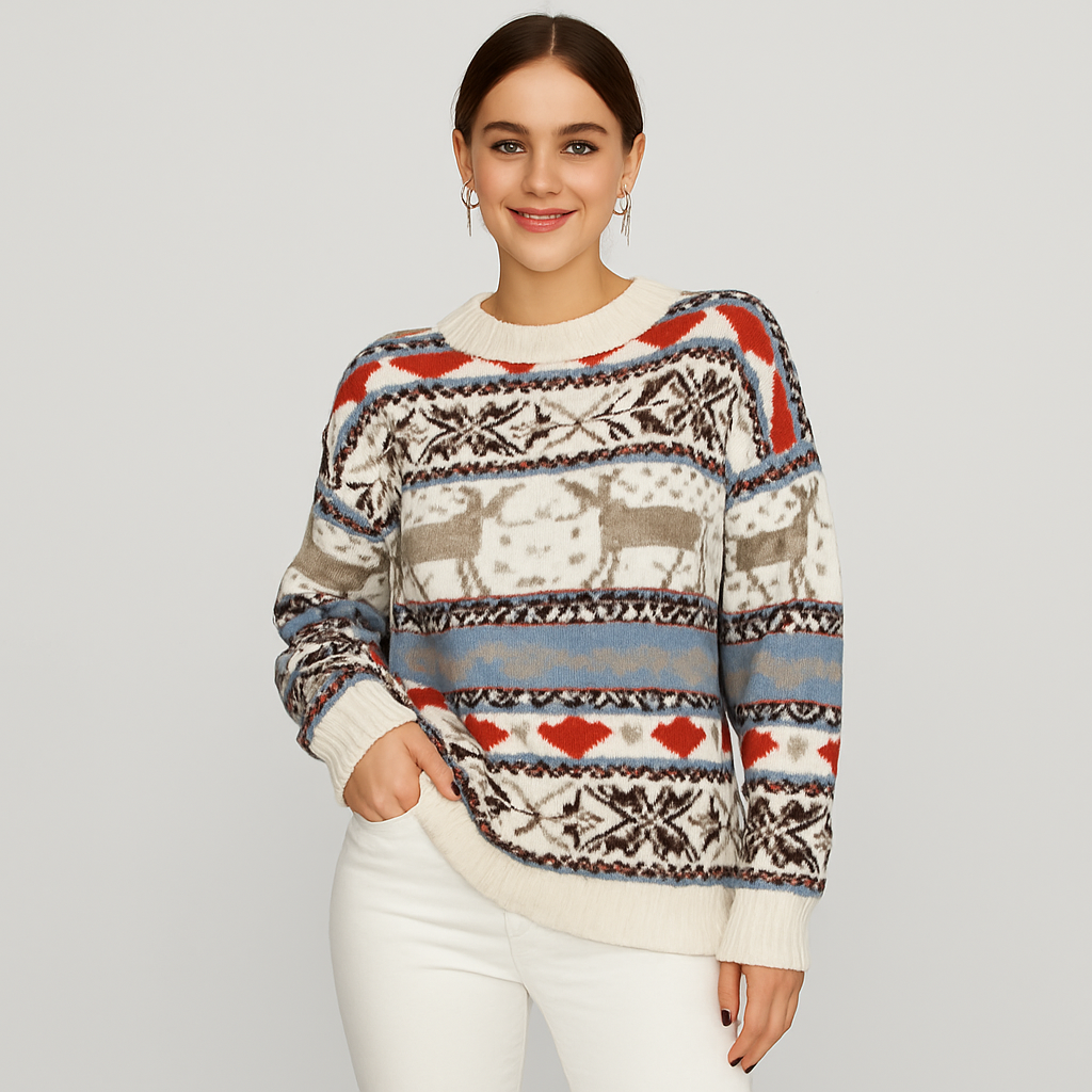 Ivanna | Pull-over géométrique avec motif de renne de Noël