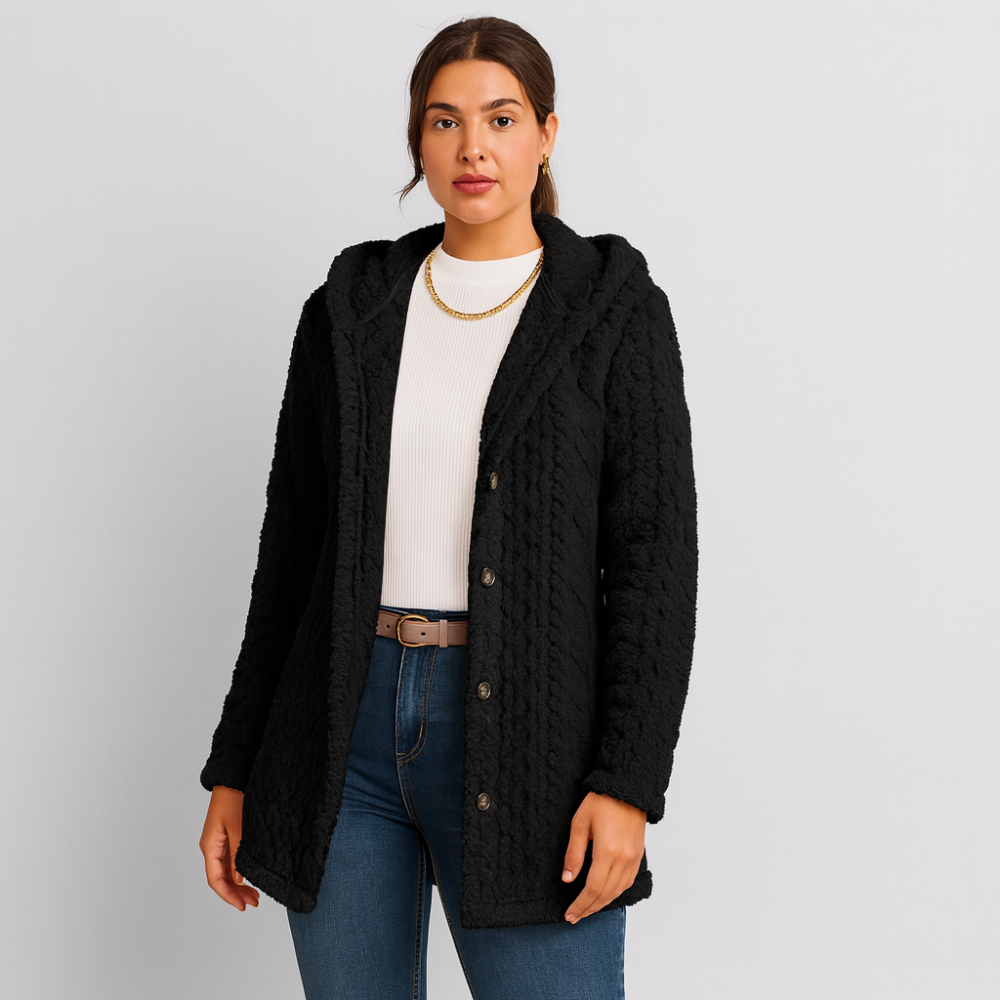 Marlena | Manteau Teddy à boutons pour femmes, veste à capuche pour l'automne et l'hiver