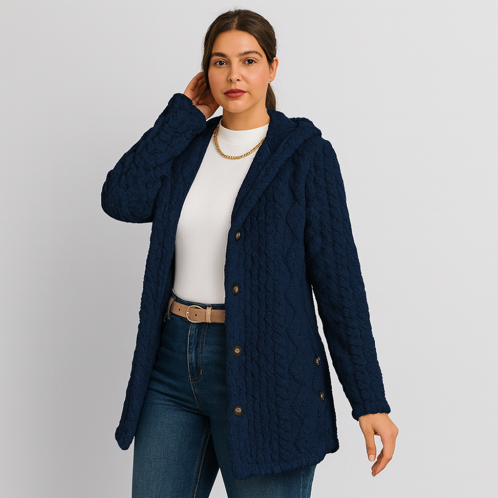 Marlena | Manteau Teddy à boutons pour femmes, veste à capuche pour l'automne et l'hiver