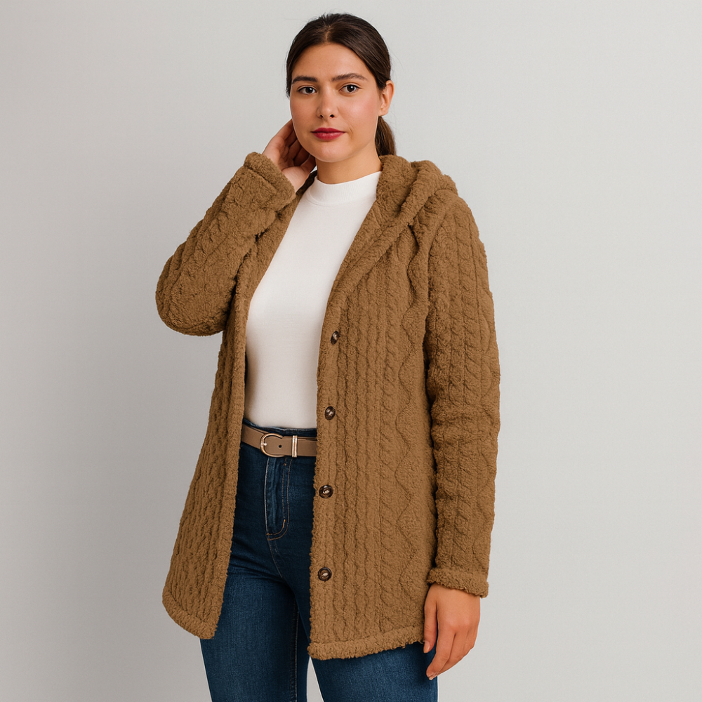 Marlena | Manteau Teddy à boutons pour femmes, veste à capuche pour l'automne et l'hiver