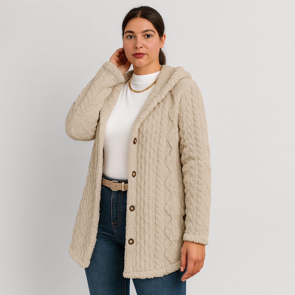 Marlena | Manteau Teddy à boutons pour femmes, veste à capuche pour l'automne et l'hiver