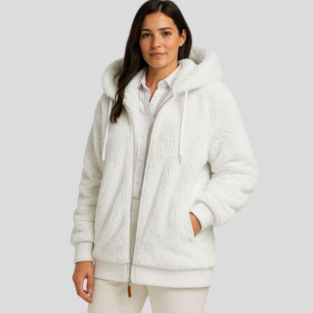 Leila | Manteau décontracté avec fermeture éclair et capuche en fausse fourrure