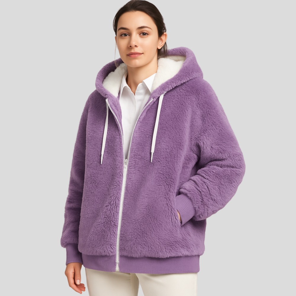 Leila | Manteau décontracté avec fermeture éclair et capuche en fausse fourrure