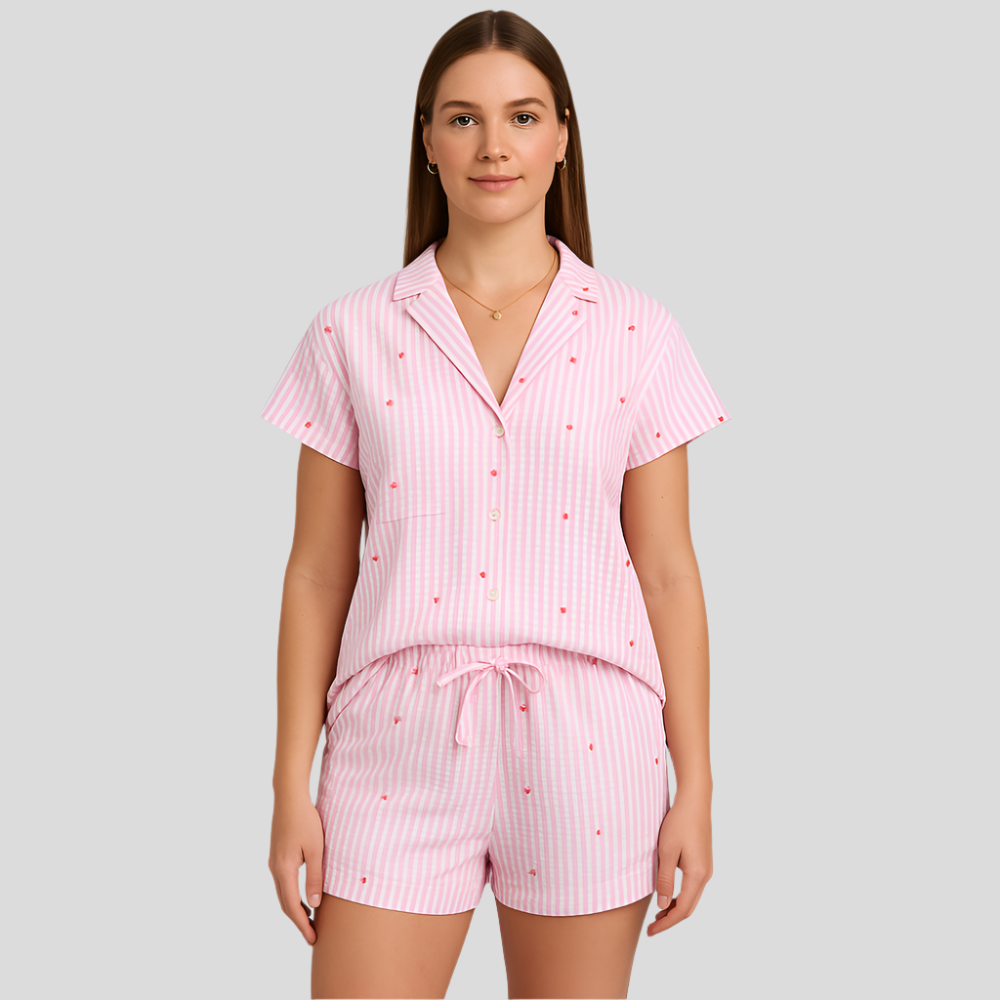 Ensemble de pyjama pour femmes en deux pièces – Chemise à boutons et short à taille elastique