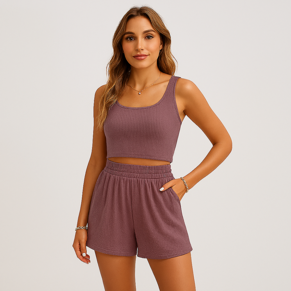 Ensemble débardeur et short en maille côtelée pour femmes – Vêtement de détente décontracté 2 pièces