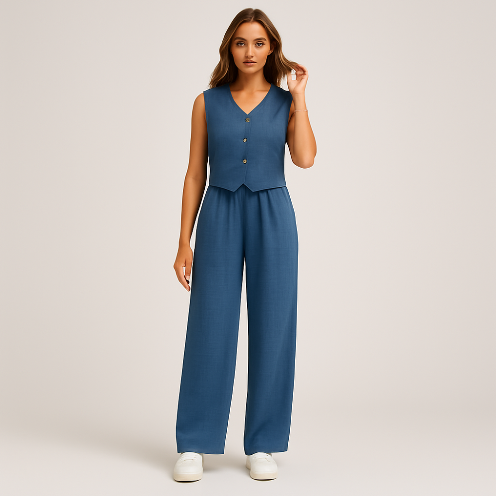 Ensemble élégant en deux pièces pour femmes – Haut sans manches avec décolleté en V et pantalon uni assorti