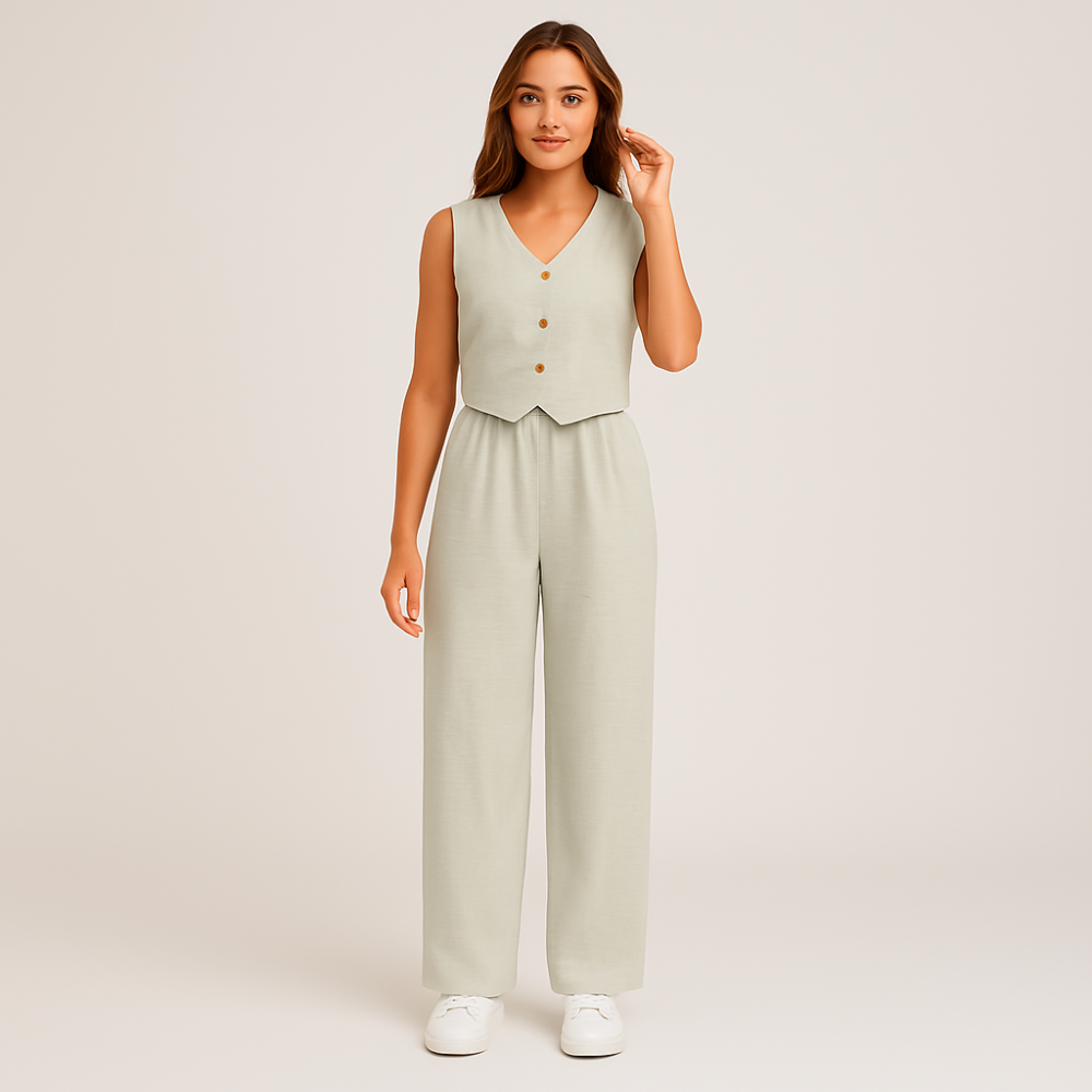 Ensemble élégant en deux pièces pour femmes – Haut sans manches avec décolleté en V et pantalon uni assorti