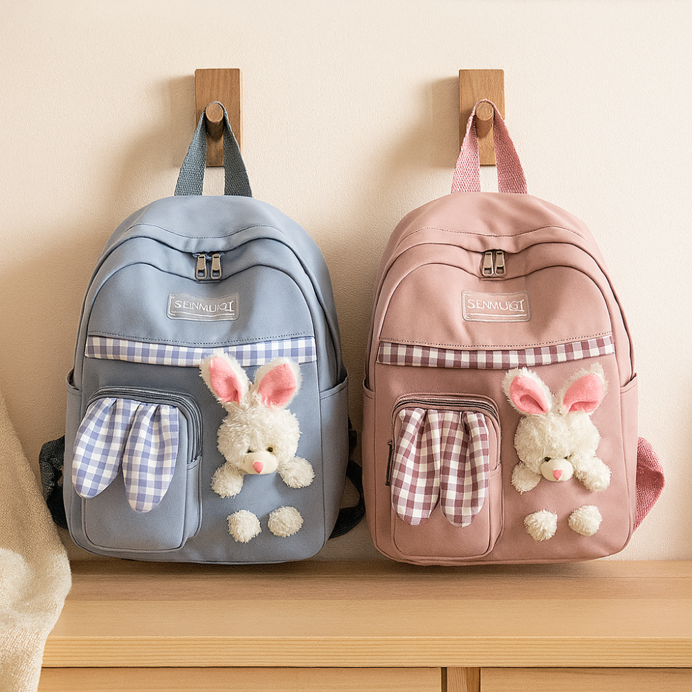 Mini sac à dos mignon pour filles – Sac de voyage pliable et léger avec design de lapin rose et panda bleu