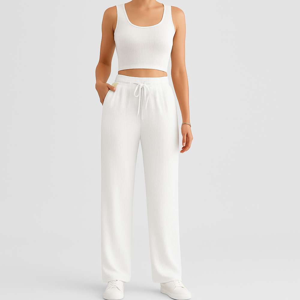 Ensemble d'été pour femmes en deux pièces – Crop-top sans manches et pantalon structuré à taille haute