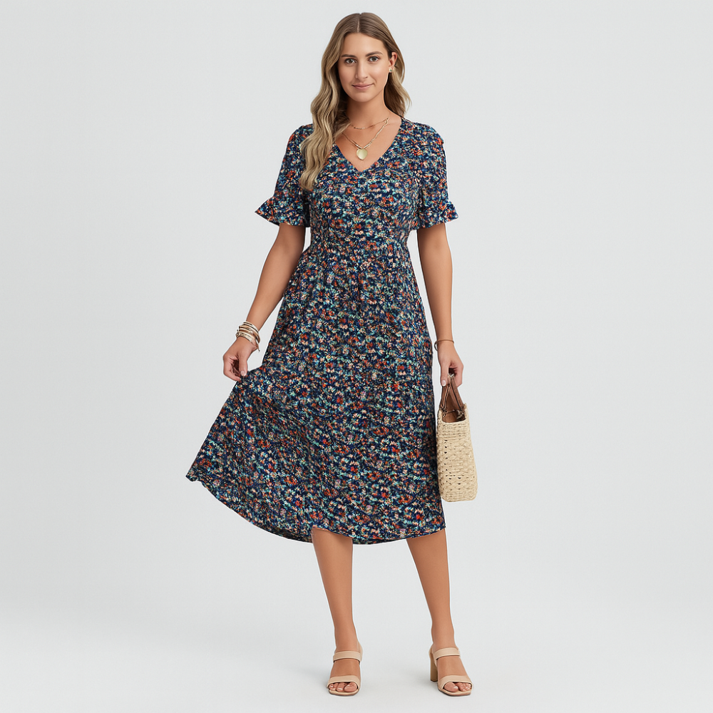 Robe mi-longue – Coupe féminine avec manches à volants