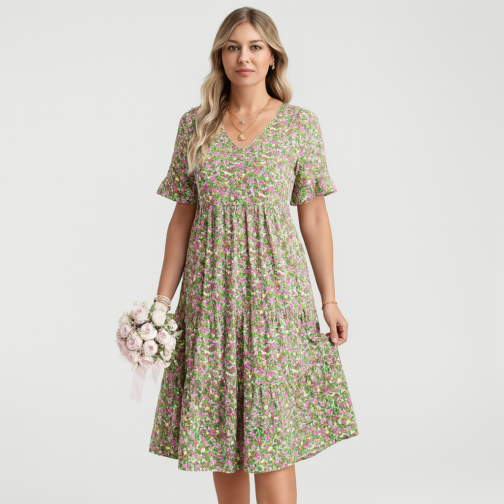 Robe mi-longue – Coupe féminine avec manches à volants