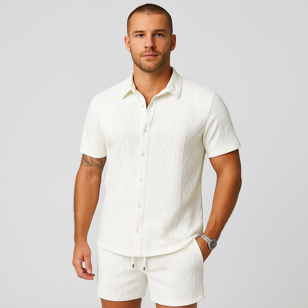 Ensemble tricot jacquard deux pièces pour hommes – chemise à manches courtes et short en uni, tenue de loisirs haut de gamme