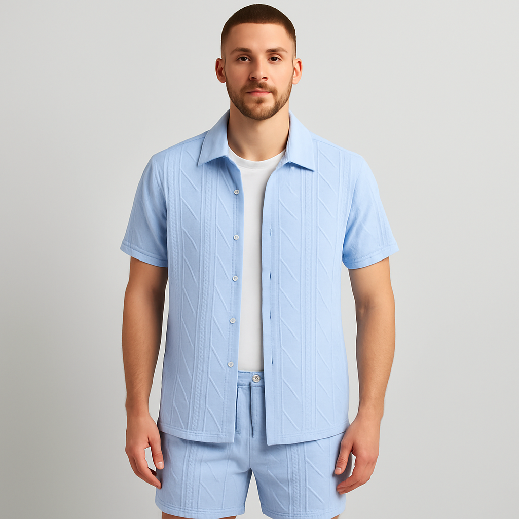 Ensemble tricot jacquard deux pièces pour hommes – chemise à manches courtes et short en uni, tenue de loisirs haut de gamme