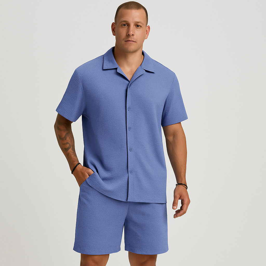Ensemble décontracté pour hommes – Chemise à manches courtes avec col et short à motif carreaux structuré