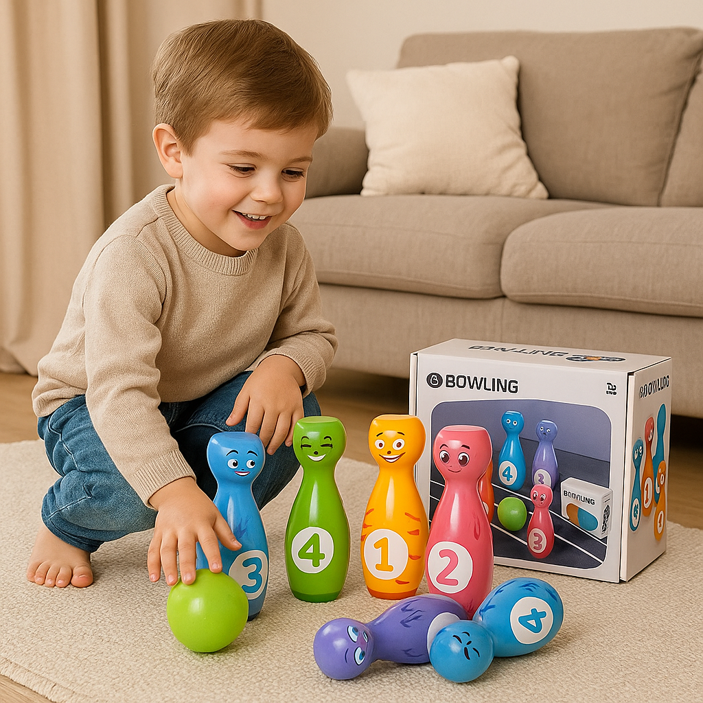 Ensemble de jeu de bowling de dessins animés pour enfants – Jeu d'intérieur et d'extérieur avec des quilles et des balles colorées