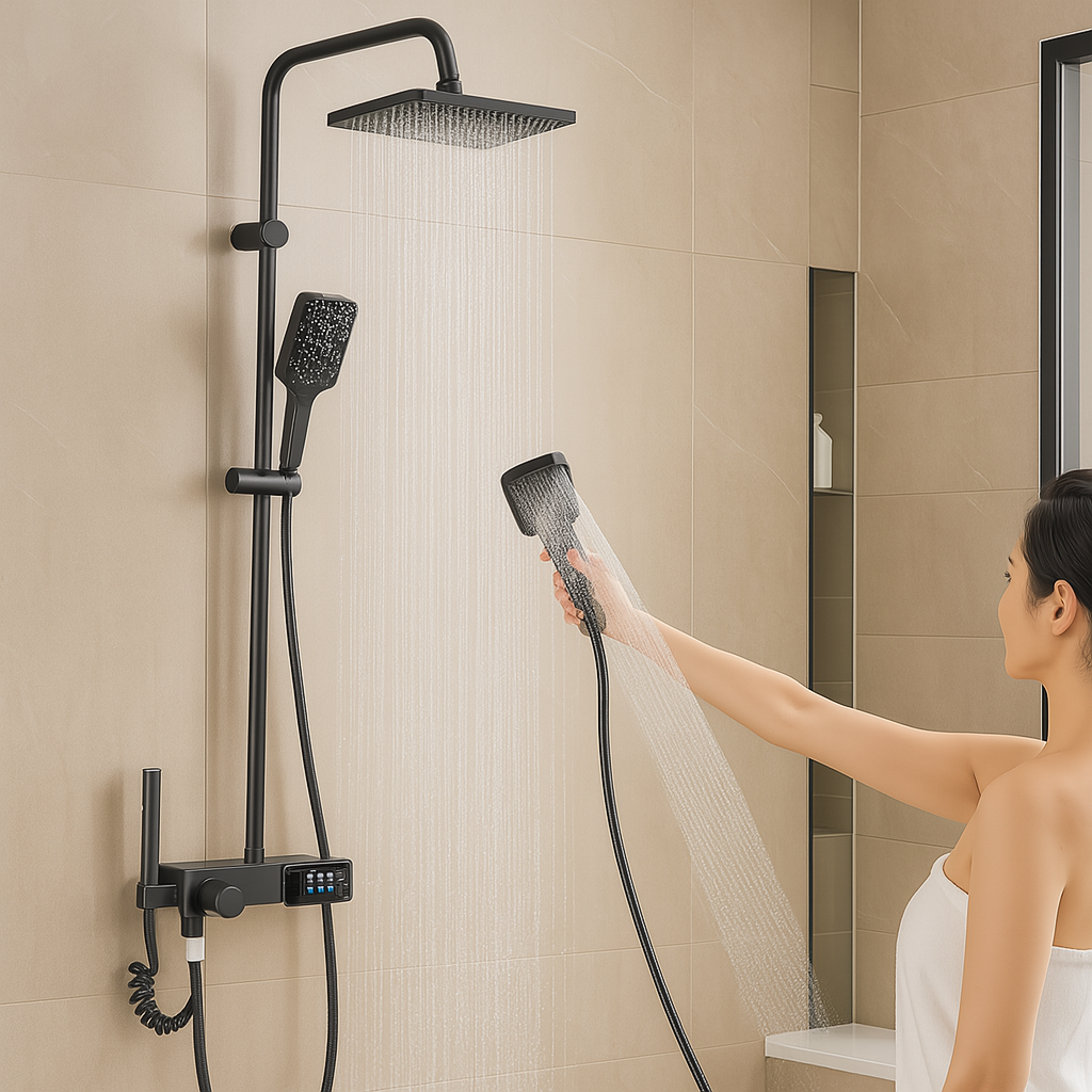 Ensemble de douche gris moderne – Grande pomme de douche avec commande en laiton pour combinaison bain et douche
